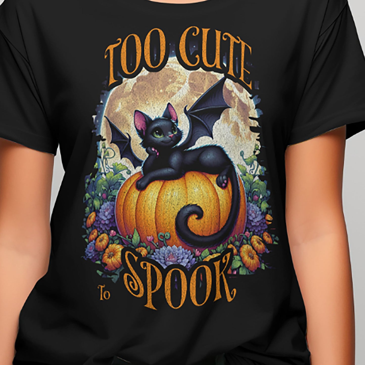 Too Cute To Spook Halloween T-shirt with black cat and pumpkin graphic on black Gildan 5000 tee by VectorDesignsArizona