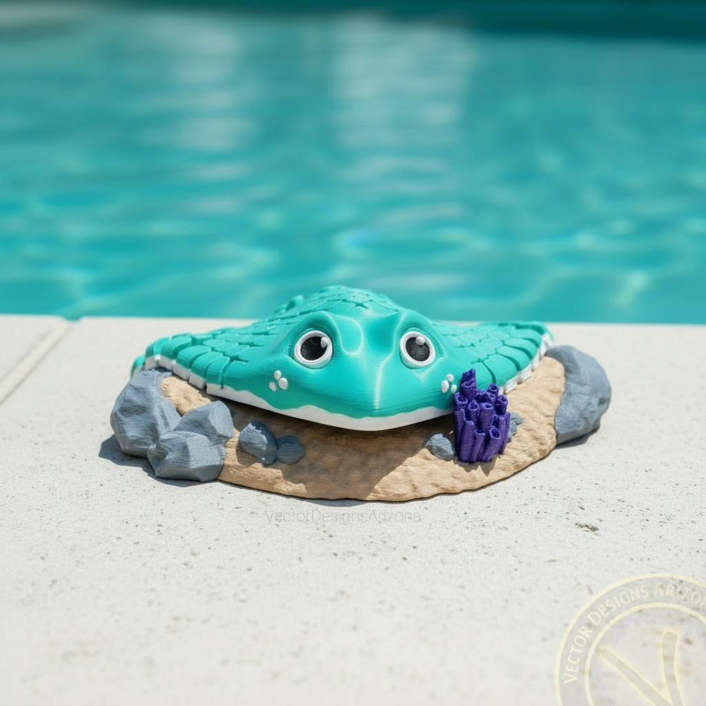 Bright turquoise 3D printed stingray on a display stand, color-matched to the blue swimming pool background.