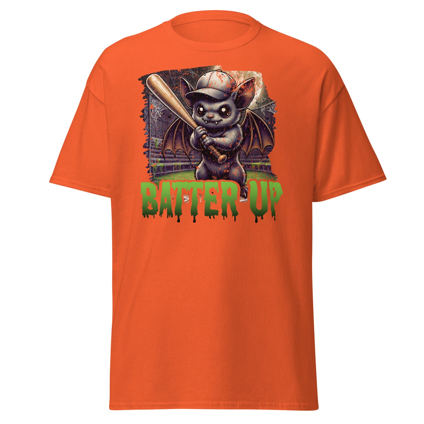 Spooky baseball Halloween bat graphic tee on orange cotton shirt by VectorDesignsArizona
