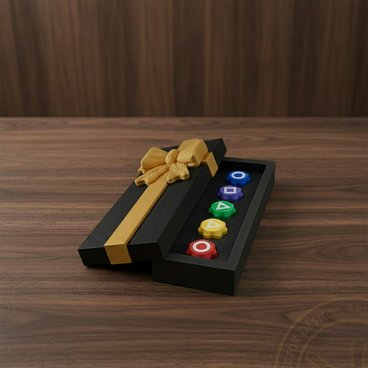 VectorDesignsArizona 3D printed gonggi game gift box with gold ribbon, open on walnut table with rainbow gonggi pieces