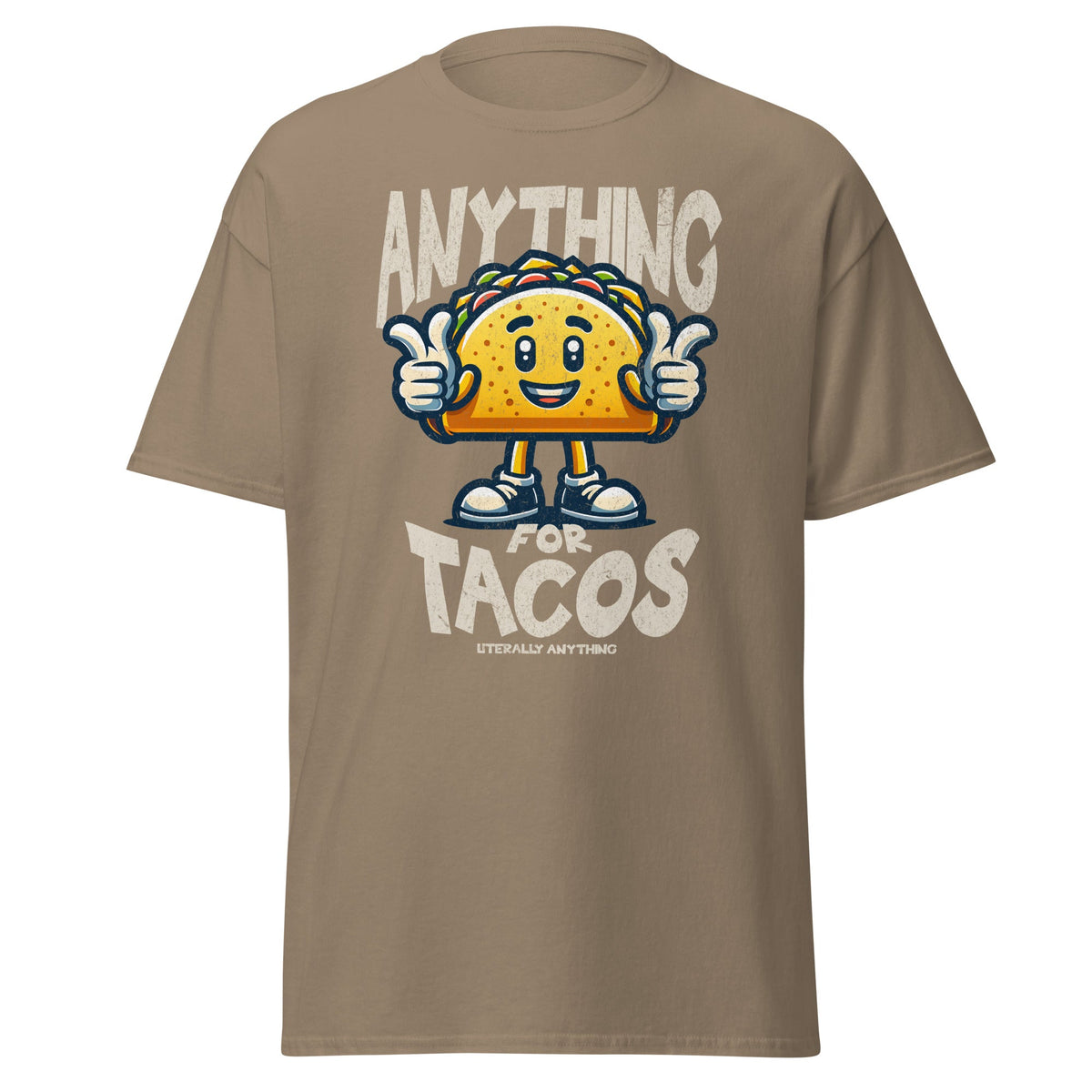 Khaki T-shirt with smiling taco and “Anything For Tacos” slogan, front view.