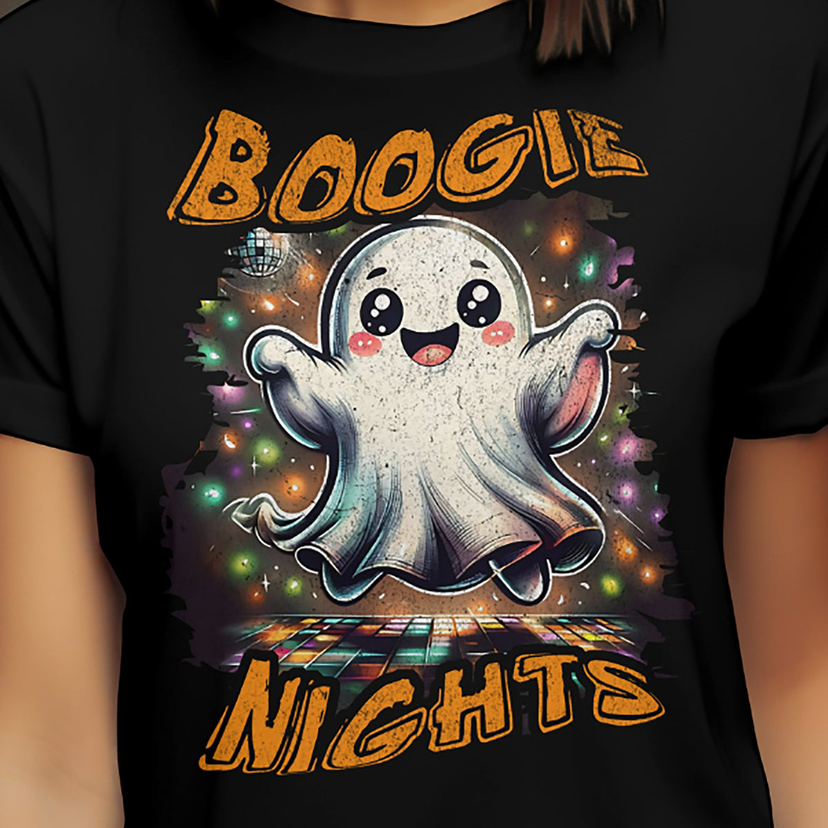 Boogie Nights cute dancing ghost Halloween graphic on black T-shirt, close-up.