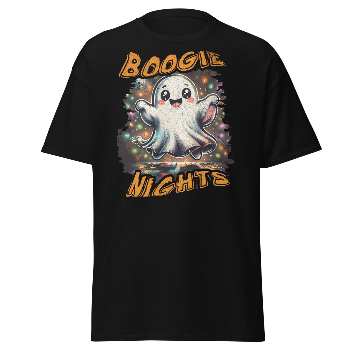 Black T-shirt with Boogie Nights cute ghost disco dance floor graphic, front view.