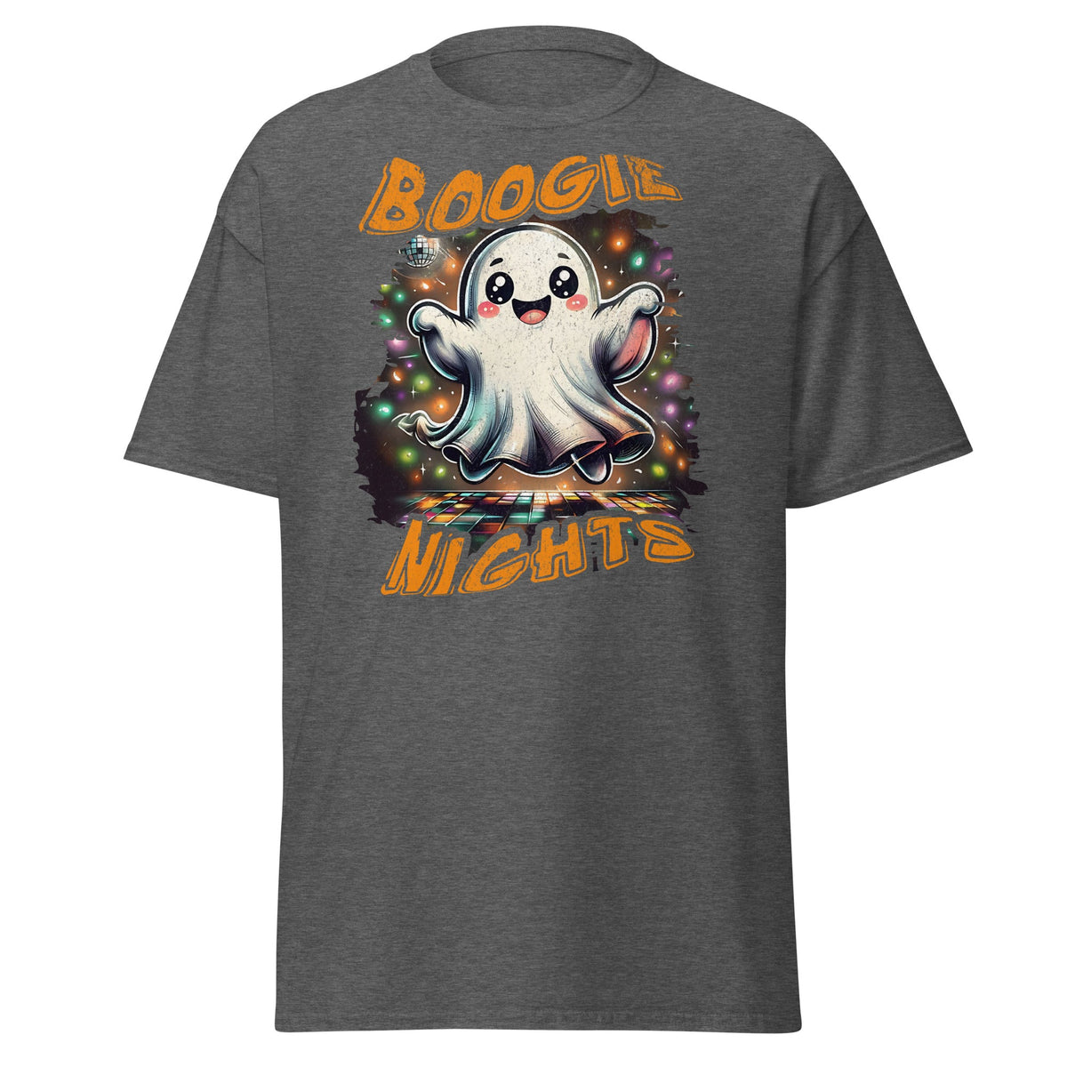 Dark heather T-shirt with Boogie Nights cute ghost disco dance floor graphic, front view.