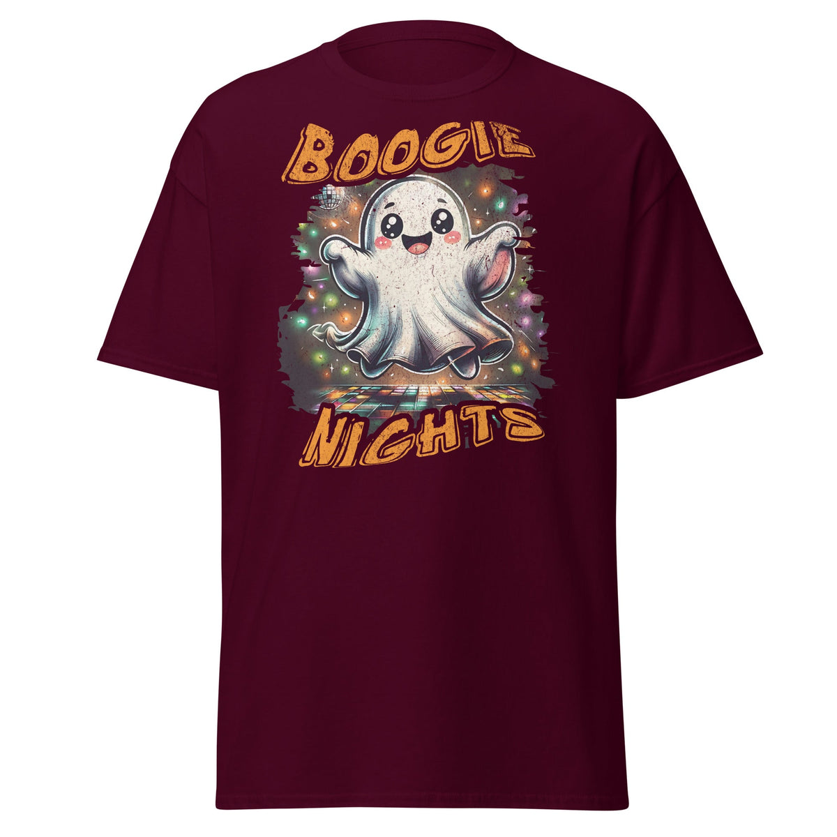 Maroon T-shirt with Boogie Nights cute ghost disco graphic, front view.