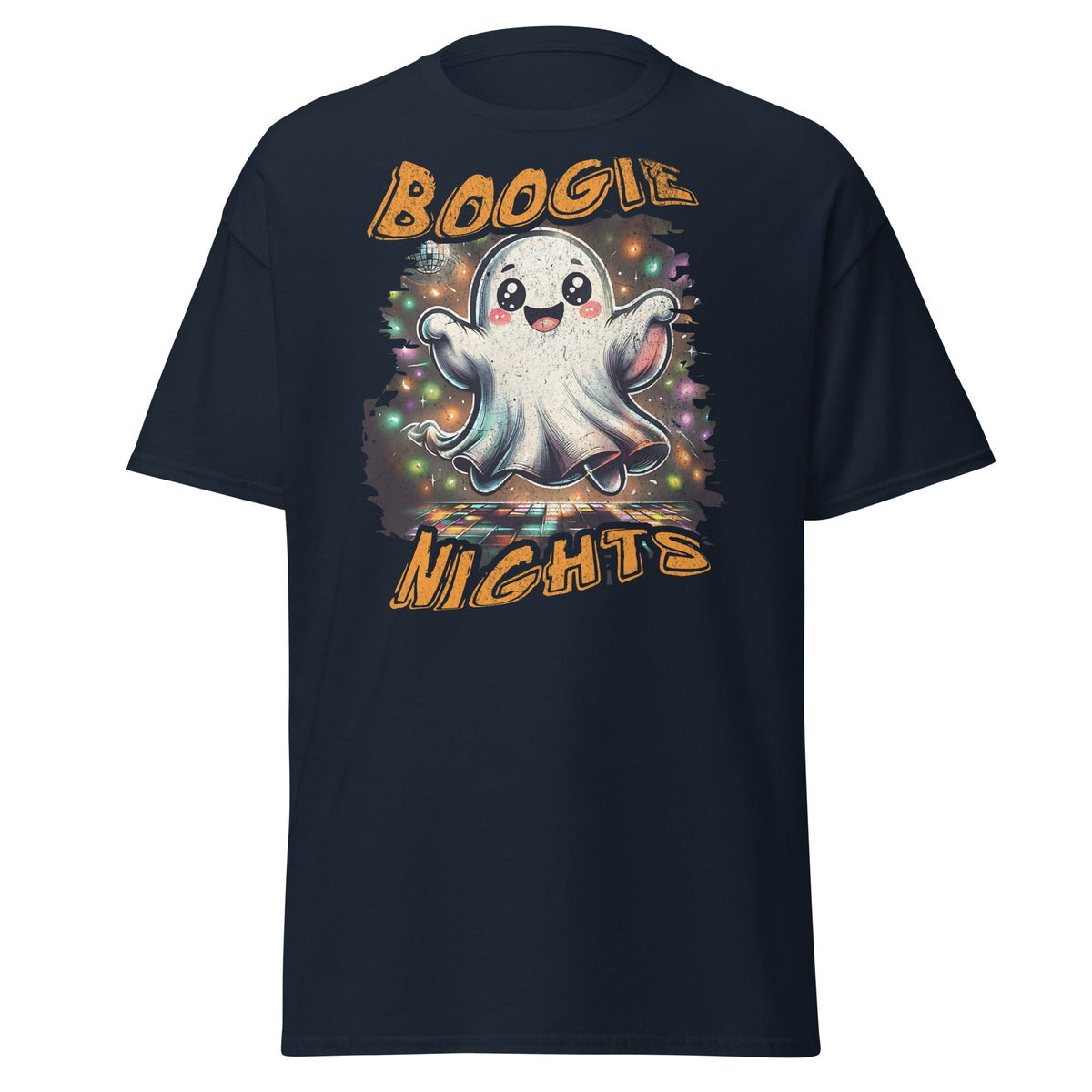 Navy T-shirt with Boogie Nights cute ghost disco dance floor graphic, front view.