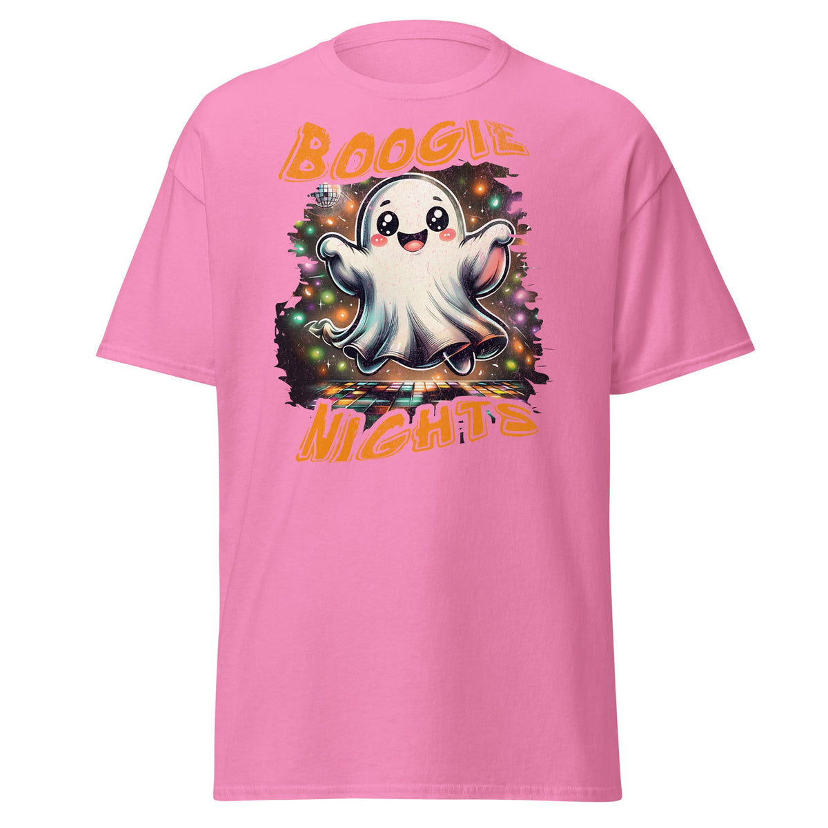 Pink T-shirt with Boogie Nights cute ghost disco dance floor graphic, front view.