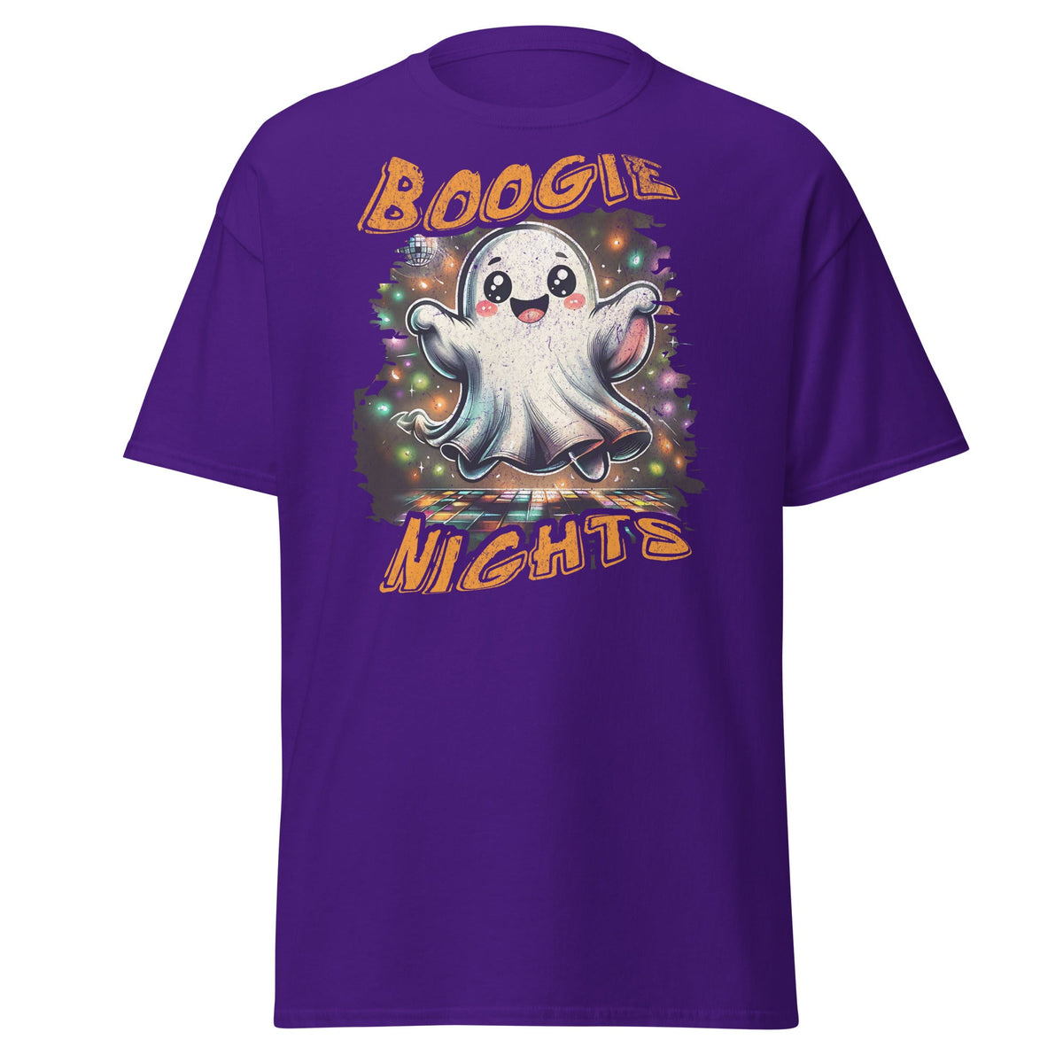 Purple T-shirt with Boogie Nights cute ghost disco dance floor graphic, front view.