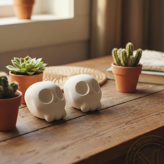 Two white cartoon skull figurines on wooden desk with small potted succulents nearby.