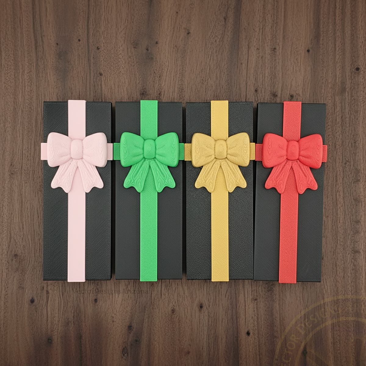 Top view of VectorDesignsArizona 3D printed gonggi game gift boxes with pink, green, gold and red ribbons on walnut wood.