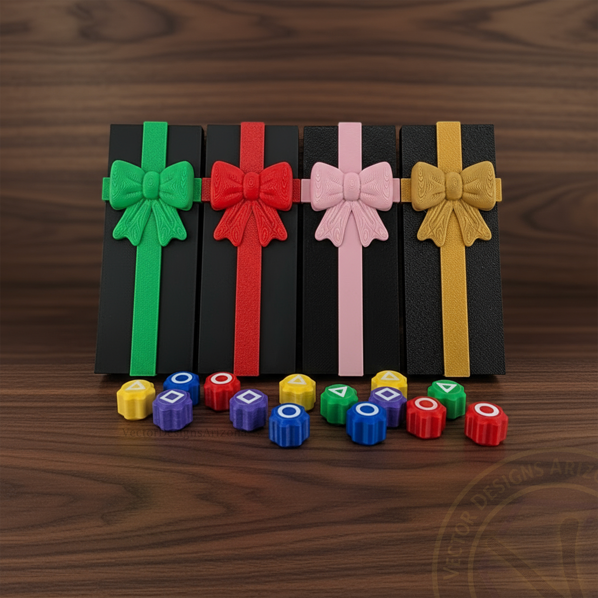 VectorDesignsArizona 3D printed gonggi game gift box set with colorful bows displayed on a walnut table.