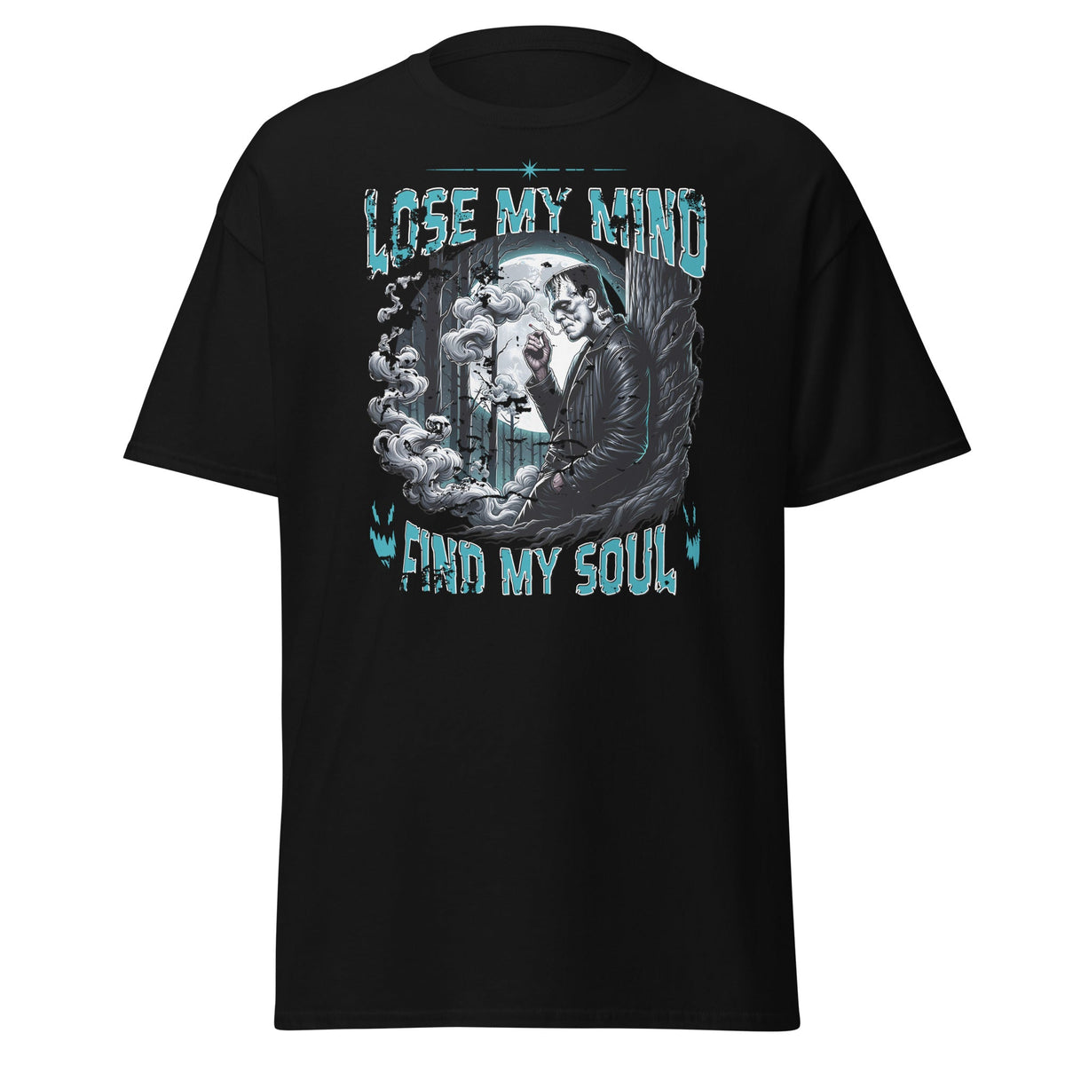 Black T-shirt with Lose My Mind Find My Soul eerie moonlit graphic, front view.