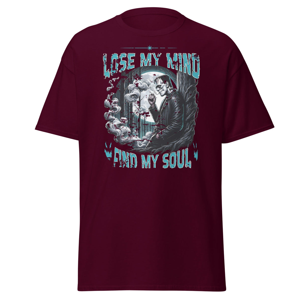 Maroon T-shirt with Lose My Mind Find My Soul eerie moonlit graphic, front view.