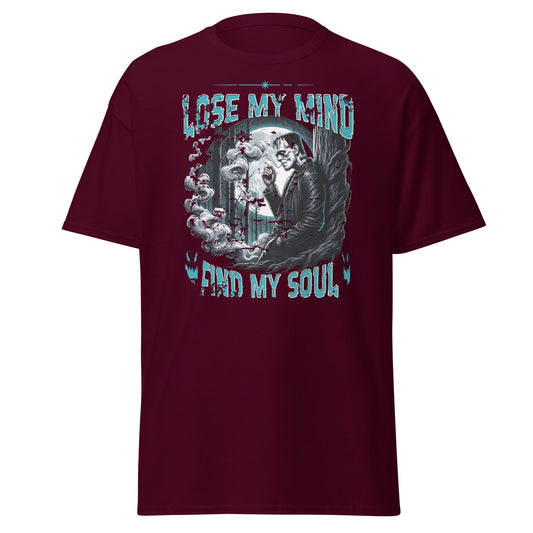 Maroon T-shirt with Lose My Mind Find My Soul eerie moonlit graphic, front view.