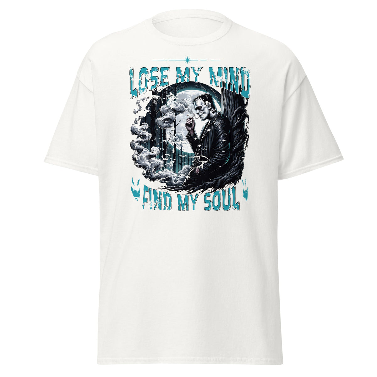 White T-shirt with Lose My Mind Find My Soul eerie moonlit graphic, front view.