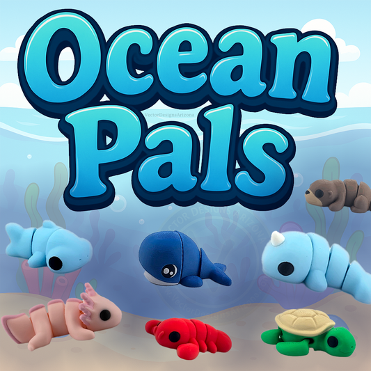 Ocean Pals title with multiple mini flexy sea animal toys on cartoon ocean background.