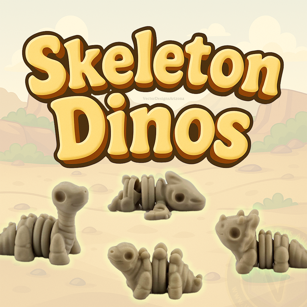 Skeleton Dinos title above four tan mini flexy dinosaur toys on cartoon desert background.