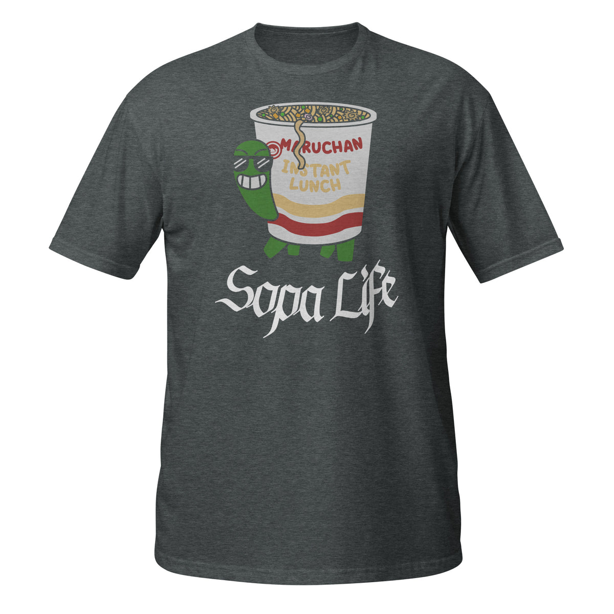 Dark heather Sopa Life ramen turtle T-shirt with cartoon noodle cup graphic.