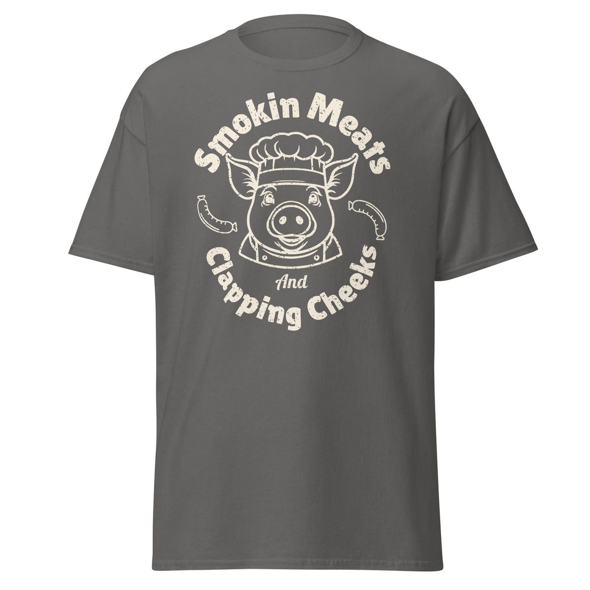 Gray Smokin Meats pig chef barbecue T-shirt on clean white background.