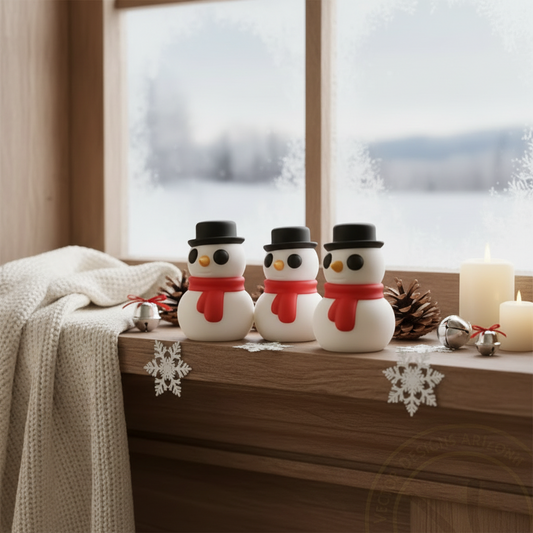 Three tiny winter snowmen figurines on windowsill with candles, blanket, and snow outside.