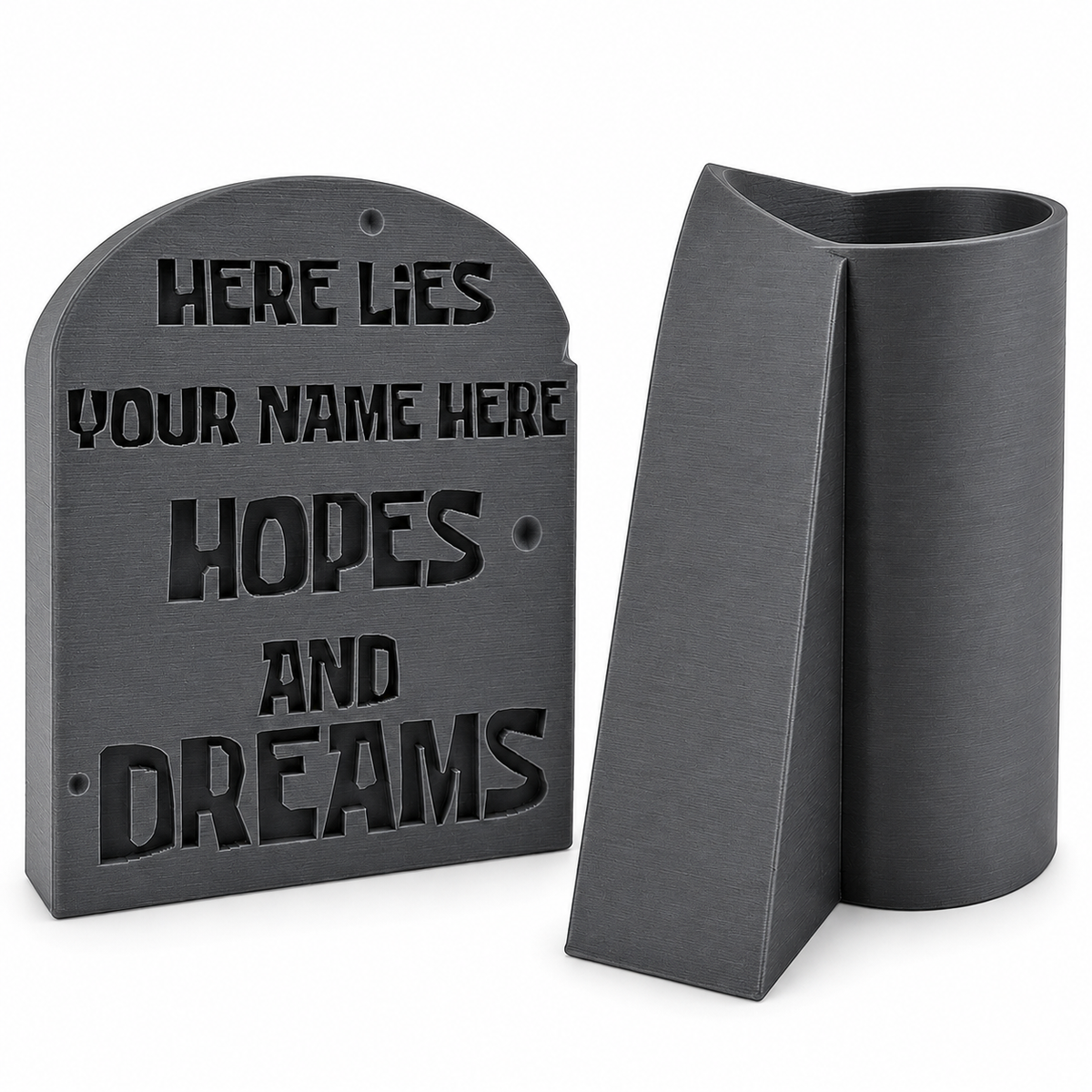 Gray tombstone desk sign with matching pencil holder on white background.