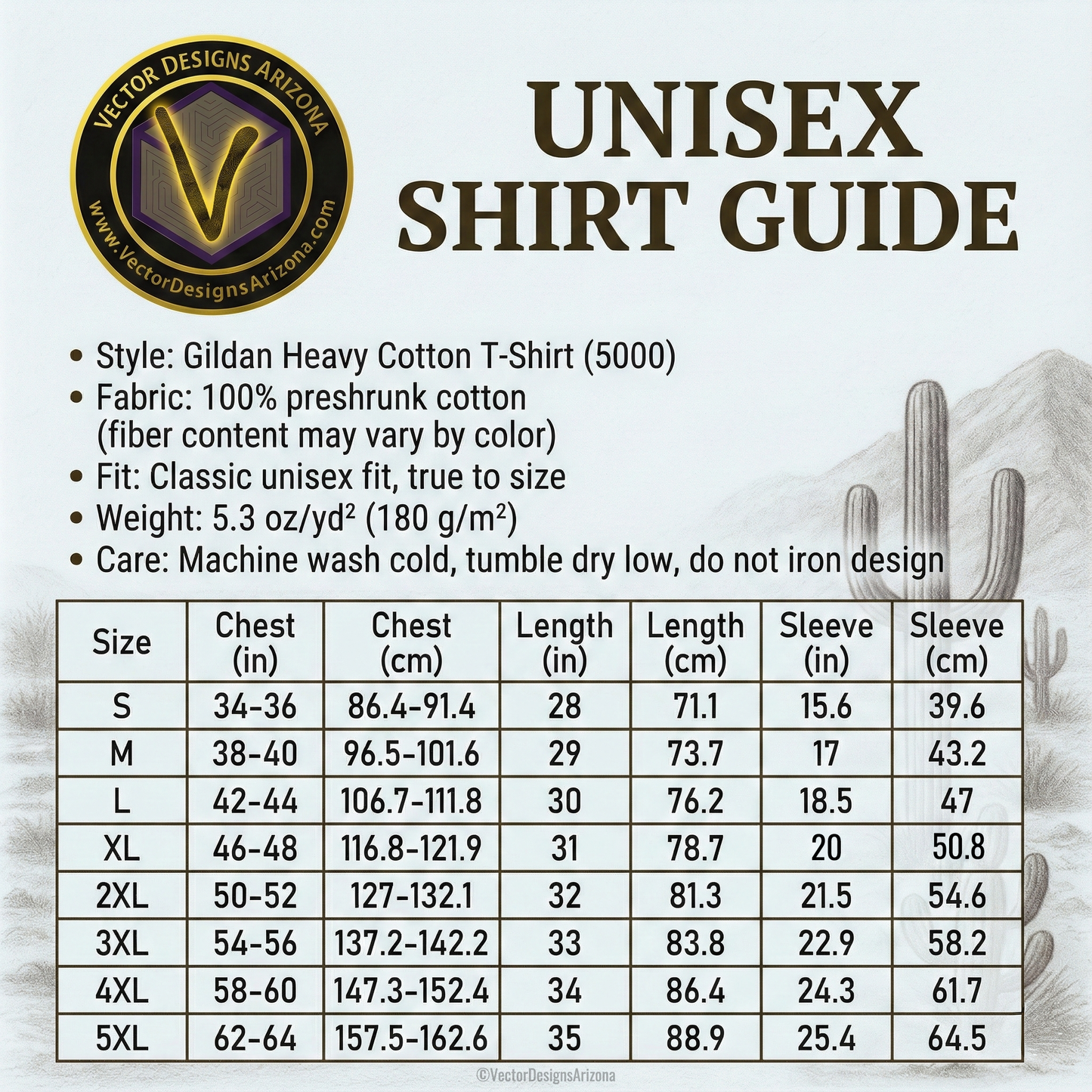 Unisex T-shirt size chart with measurements table and cactus illustration background.
