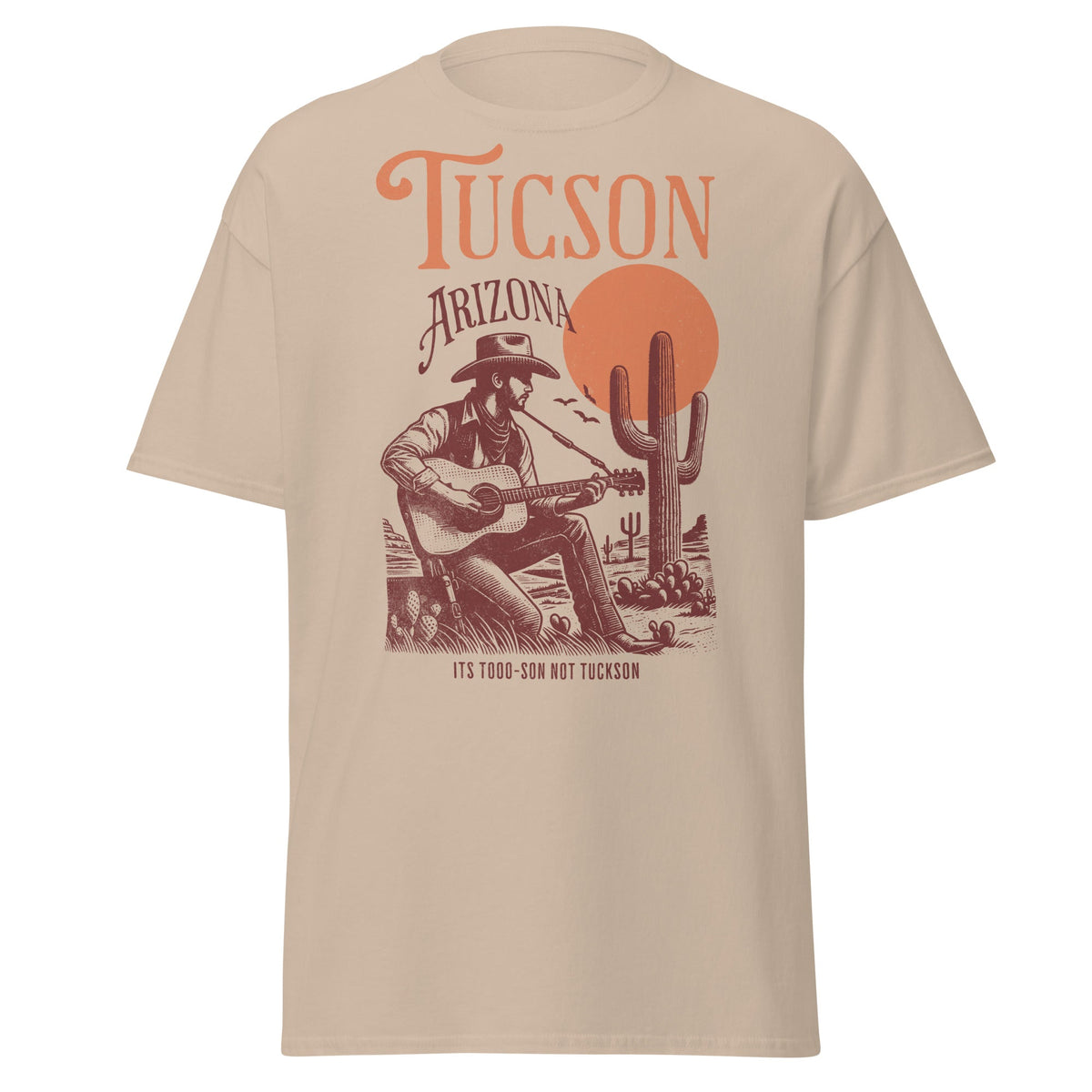 Vintage-style Arizona cactus and mountain graphic tee on cream cotton shirt by VectorDesignsArizona