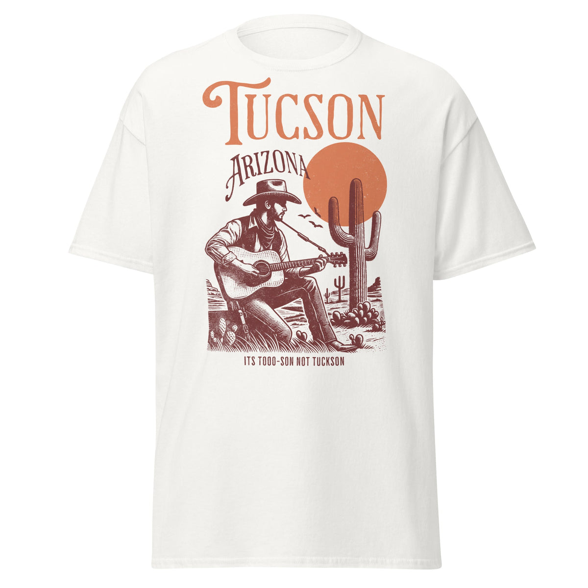 Retro Tucson Arizona graphic souvenir shirt in tan Gildan 5000 cotton tee by VectorDesignsArizona