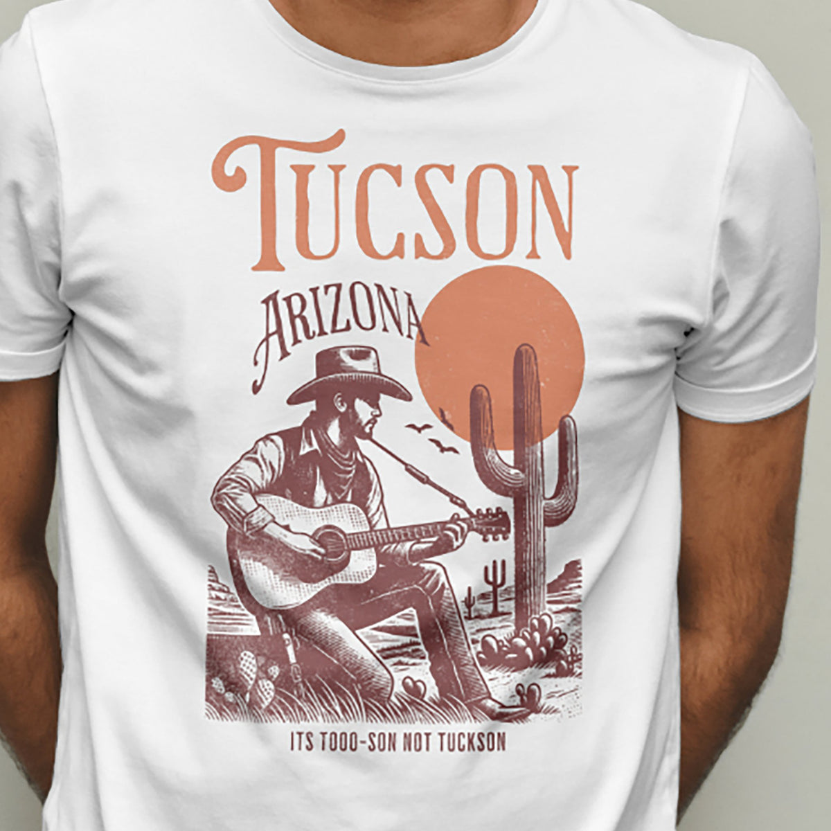 Vintage Tucson Arizona T-shirt with retro desert cactus graphic on white Gildan 5000 tee by VectorDesignsArizona