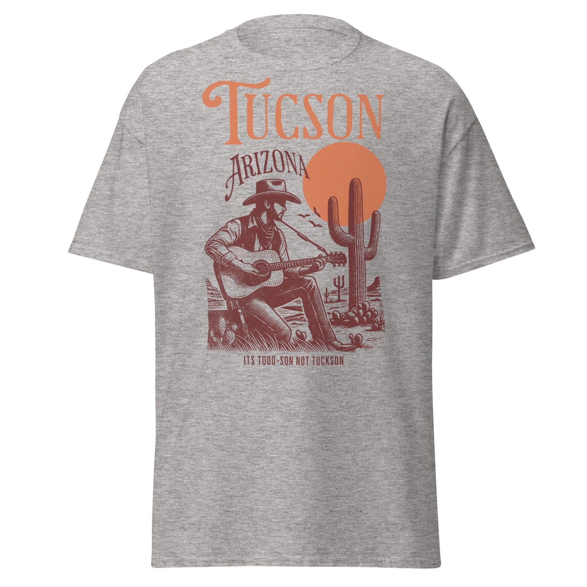 Retro Tucson desert souvenir shirt in tan unisex Gildan 5000 tee by VectorDesignsArizona