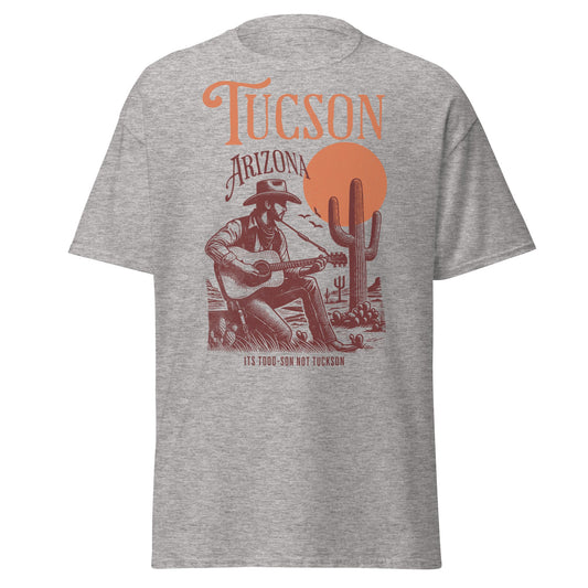 Retro Tucson desert souvenir shirt in tan unisex Gildan 5000 tee by VectorDesignsArizona