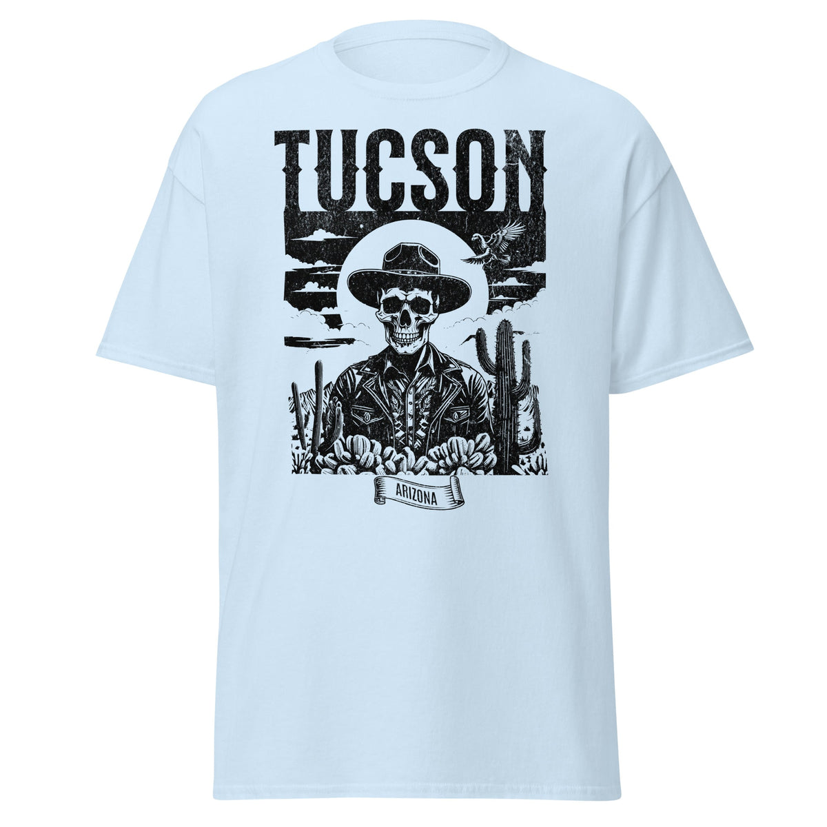 Classic Tucson Arizona graphic T-shirt in light blue cotton by VectorDesignsArizona