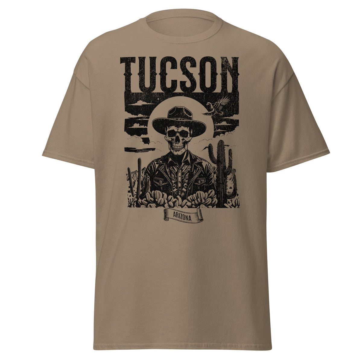Retro Tucson Arizona graphic tee on tan Gildan 5000 shirt by VectorDesignsArizona