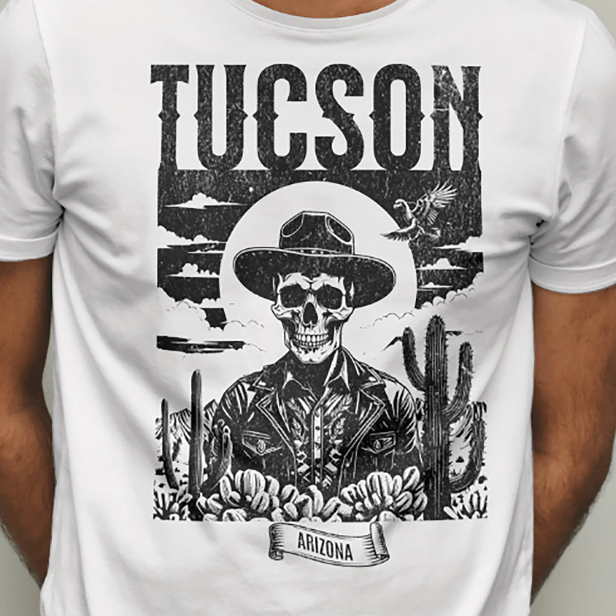 Vintage Tucson Arizona T-shirt with retro desert souvenir graphic on white Gildan 5000 tee by VectorDesignsArizona