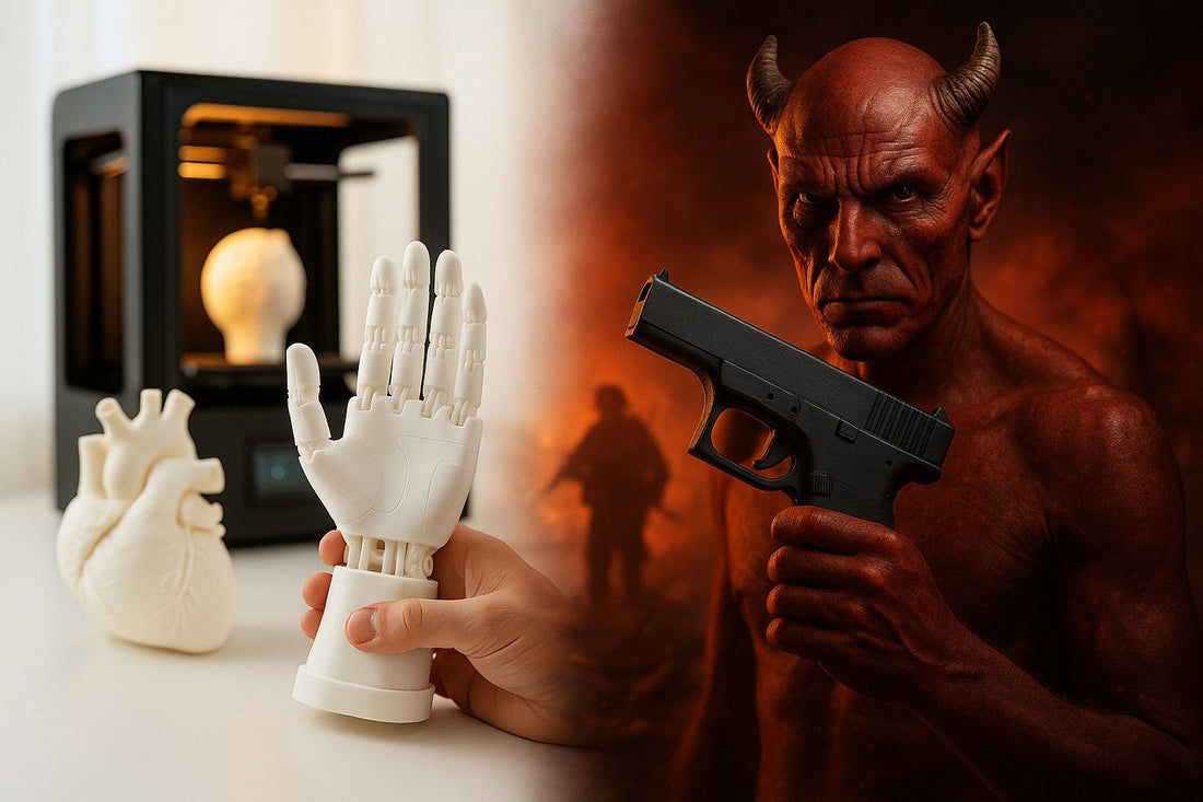 Image showing the contrast of 3D printing: prosthetic innovation vs weapon misuse in a split good vs evil theme.