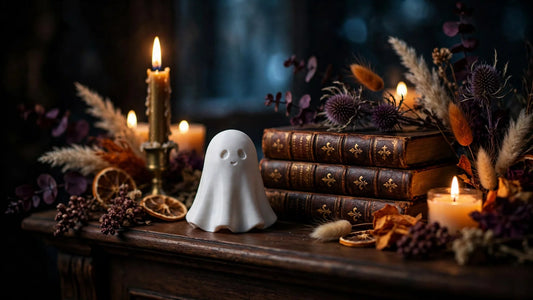 Elegant white 3D printed ghost figurine in a spooky chic Halloween mantel vignette