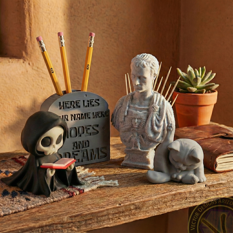 Curated desk décor collection with miniature figures displayed on rustic shelf.