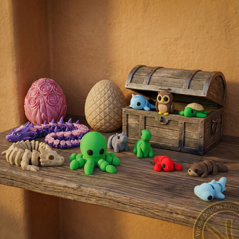 Colorful Flexy print desk figures arranged on rustic shelf display.