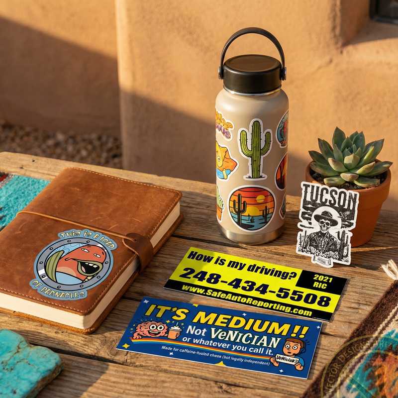 Curated display of funny vinyl stickers and bumper decals in a warm Southwest setting.