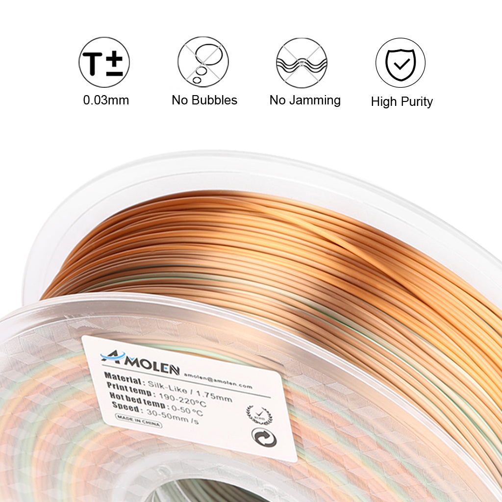 Silk Rainbow PLA filament layer detail — gradient surface showing smooth silk sheen and color flow