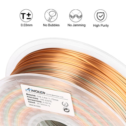 Silk Rainbow PLA filament layer detail — gradient surface showing smooth silk sheen and color flow