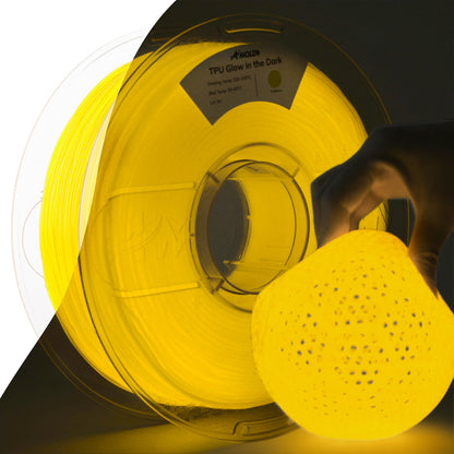 AMOLEN Glow TPU flexible filament demonstrating 95A shore flexibility and glow-in-the-dark effect