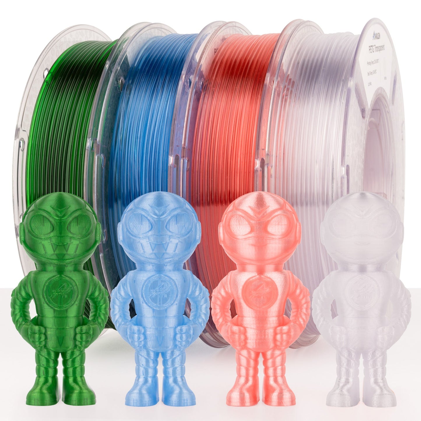 AMOLEN PETG Transparent Variety Pack (4×250g) — four semi-transparent 1.75mm filament spools