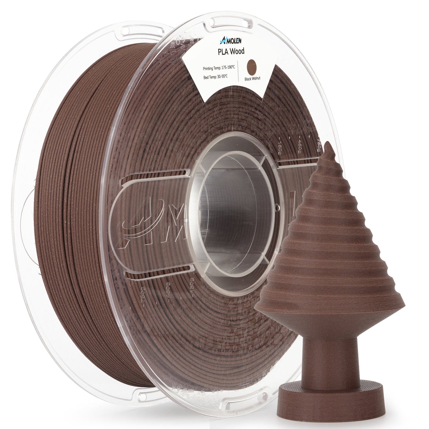 AMOLEN Wood PLA filament 1.75mm 1KG complete spool packaging showing product label and specifications