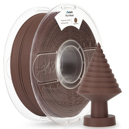 AMOLEN Wood PLA filament 1.75mm 1KG complete spool packaging showing product label and specifications
