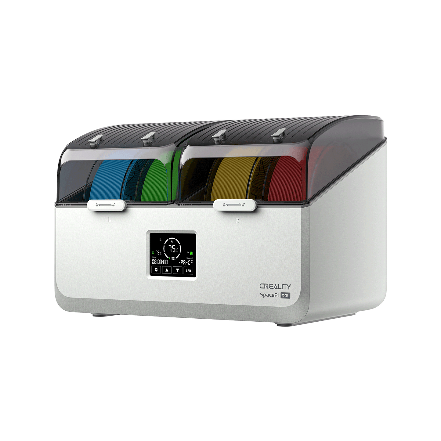 Creality SpacePi X4L LCD touchscreen interface showing temperature control for up to 75 degrees Celsius dual chamber drying