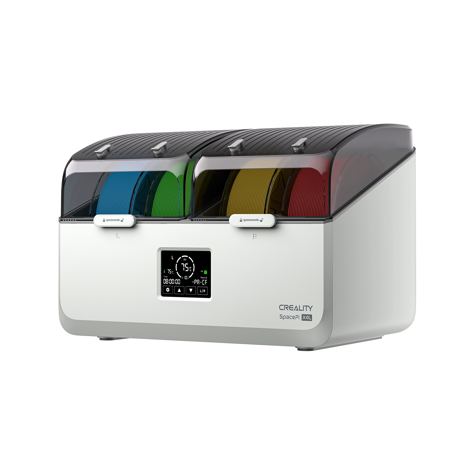 Creality SpacePi X4L LCD touchscreen interface showing temperature control for up to 75 degrees Celsius dual chamber drying