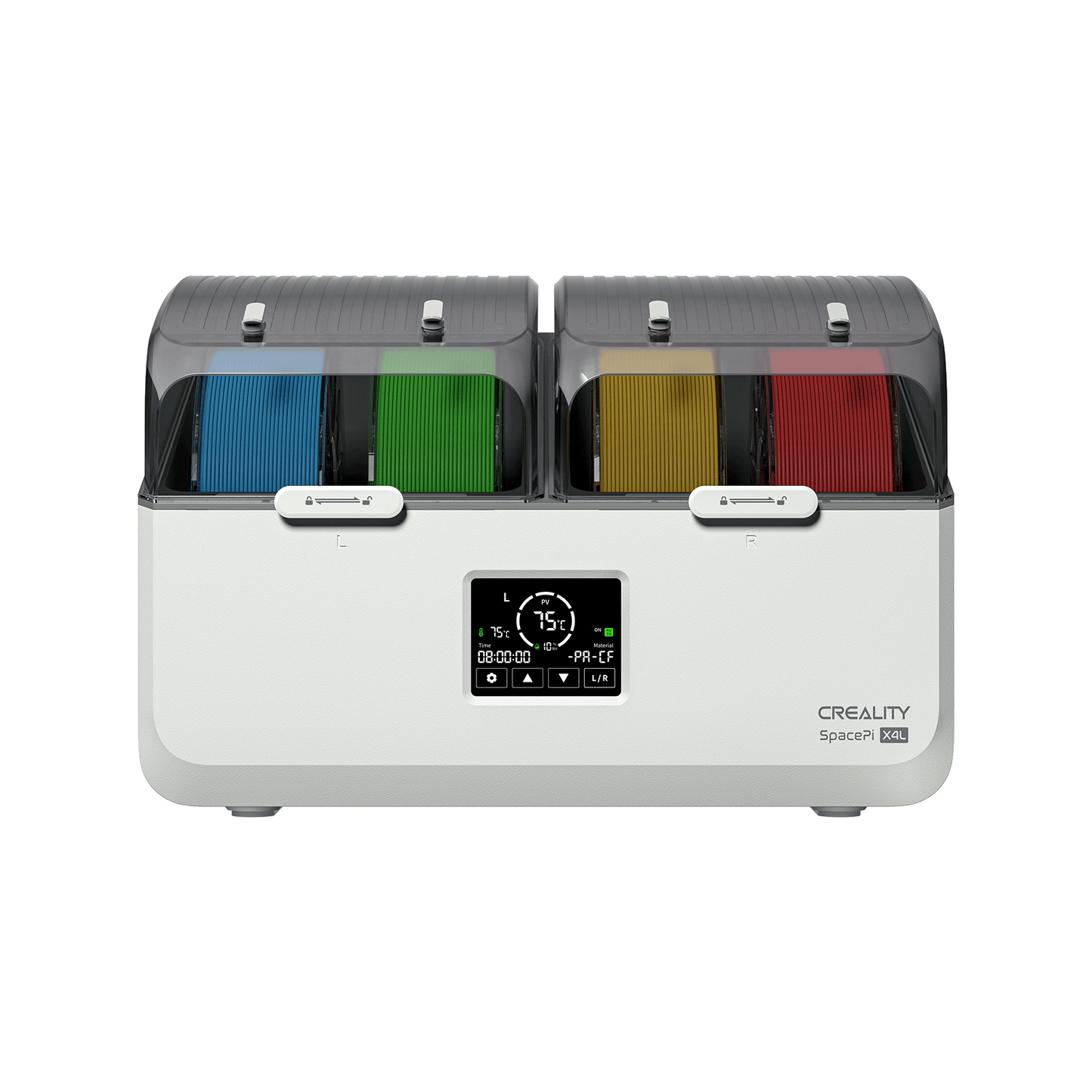 Creality SpacePi X4L dual independent heating chambers diagram showing separate temperature zones for different filament types