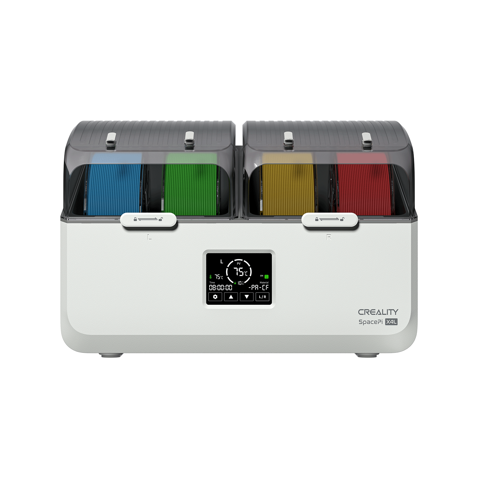 Creality SpacePi X4L dual independent heating chambers diagram showing separate temperature zones for different filament types