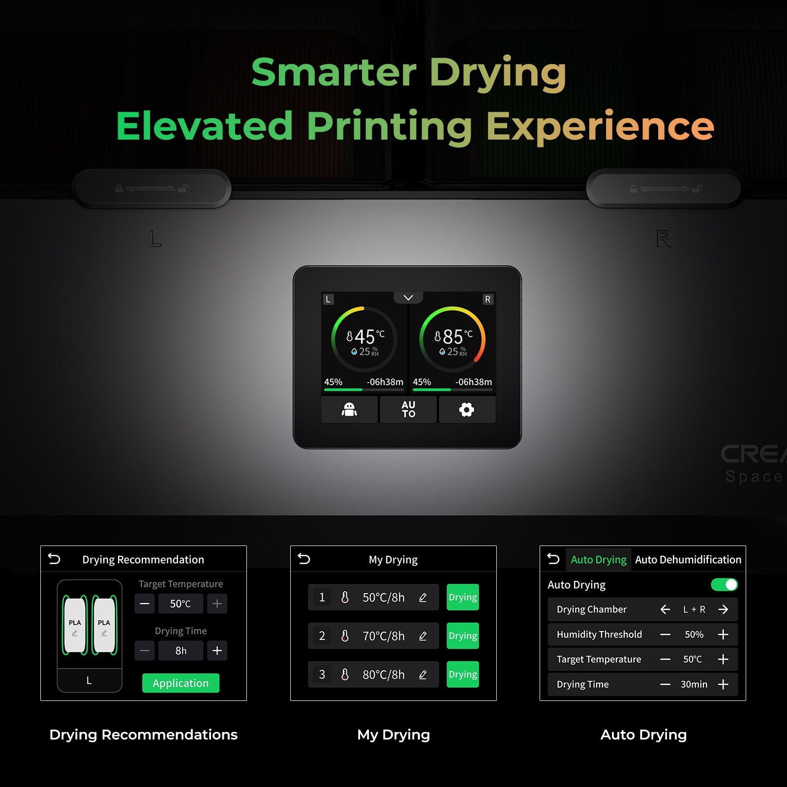 Creality SpacePi X4 dual 200W PTC heating chambers detail showing independent temperature zone control for mixed filament drying